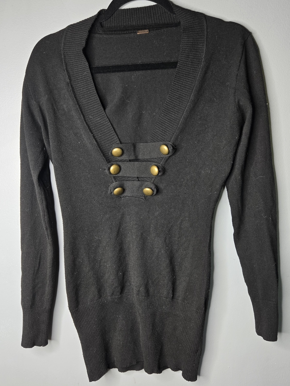 Poof! Black Knit Sweater Large Deep V Neck Gold Button Detail Long Sleeve